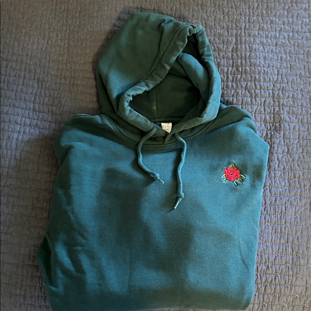 Divided Green Hoodie with Red Rose Embroidery